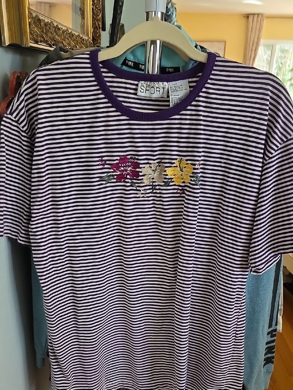 Jaclyn Smith Purple & White Striped Floral Embroidered Tee